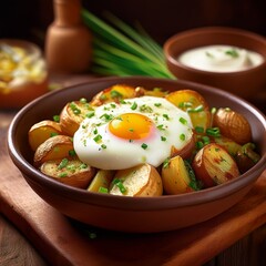 Bowl mit Kartoffeln, Lauch & gebackenem Ei