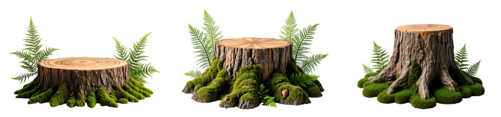Collection of various large tree stump surrounded by moss and fern isolated on transparent background