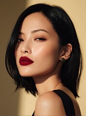 A woman with dark hair facing left wearing dark red lipstick and a black dress