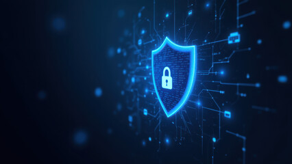 A digital illustration of a shield lock symbol against a background with a network or cloud concept, highlighting cybersecurity and internet security themes.
