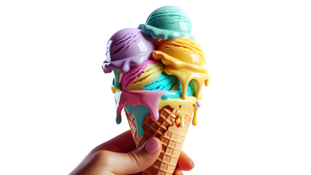 Colorful melting ice cream scoops in hand high resolution png

