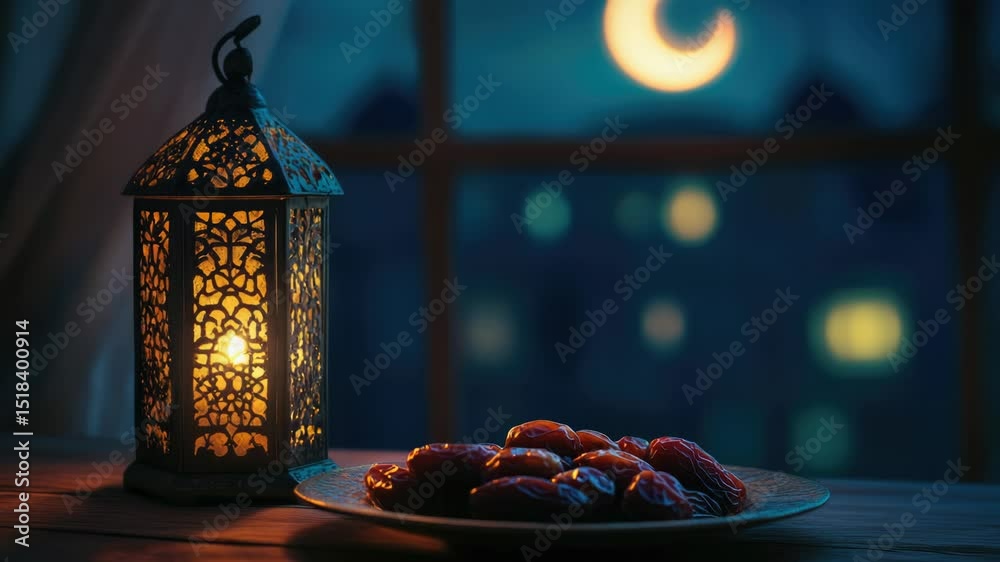Aufkleber Fresh dates arranged on a table near a warm lantern