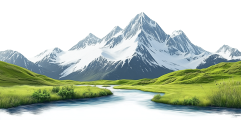 Majestic Snow-Capped Mountain Landscape with Green Hills and River  Transparent Background

