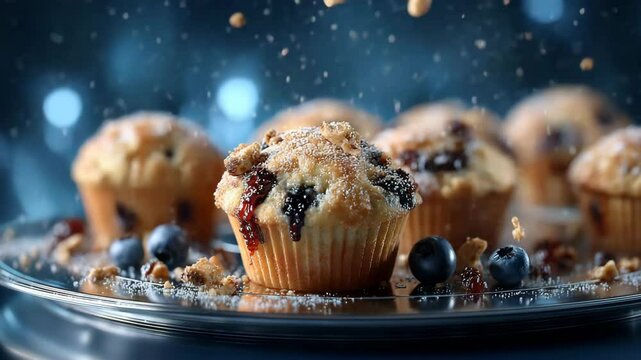 Chocolate chip muffin surrounded by blueberries in clean blue light, great for dessert branding Video 4K UHD 60 FPS