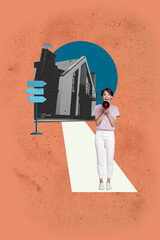 Vertical trendy magazine photo collage of happy girl guy stand road sign pointer hose relocation...