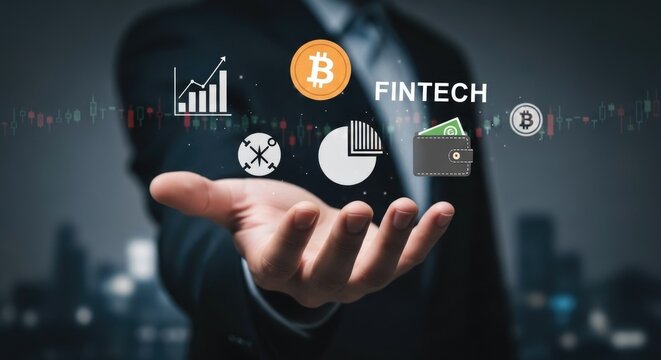 Fintech Concept with Bitcoin and Digital Analytics Over Businessman’s Hand