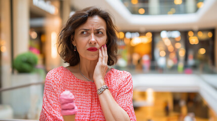 Mature woman have a toothache while eating ice cream at mall. Space for text