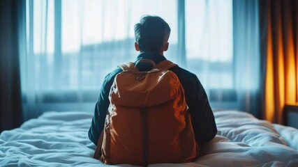 A person sits on a bed holding a backpack, possibly preparing for travel or adventure