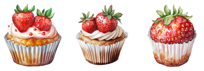 Collection of various watercolor strawberry muffin isolated on transparent background