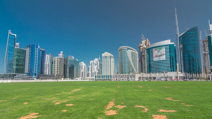 Naklejka premium Panoramic timelapse hyperlapse view of business bay and downtown area of Dubai