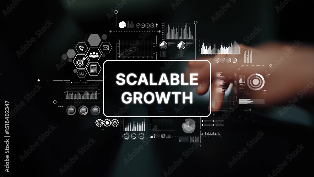 Poster modern business concept illustrating scalable growth with data visualization and graphs in dark envi