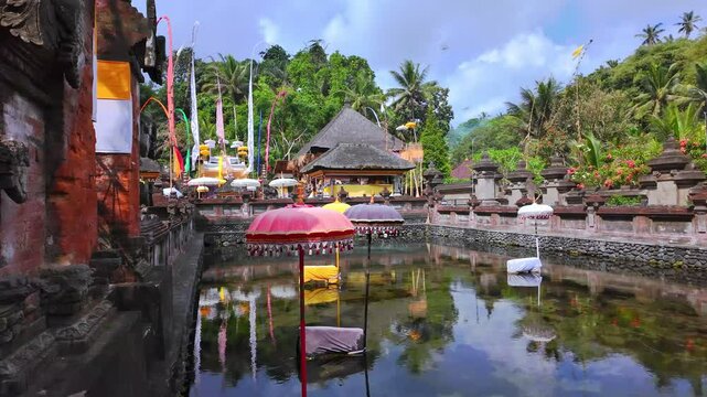 Picturesque view of pool spring water in Pura Tirta Empul Temple on Bali, Indonesia