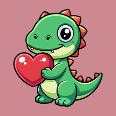 Obraz premium Cute Baby Dinosaur Holding Heart – Valentine Cartoon Illustration