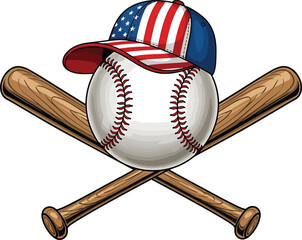 Patriotic baseball with crossed bats and a us flag themed baseball cap illustration
