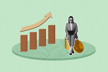 Full sketch image 3d photo collage of happy businessman businesswoman stand arrow progress coin...