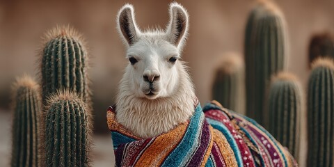 Llama wearing colorful blanket among cacti in a desert setting