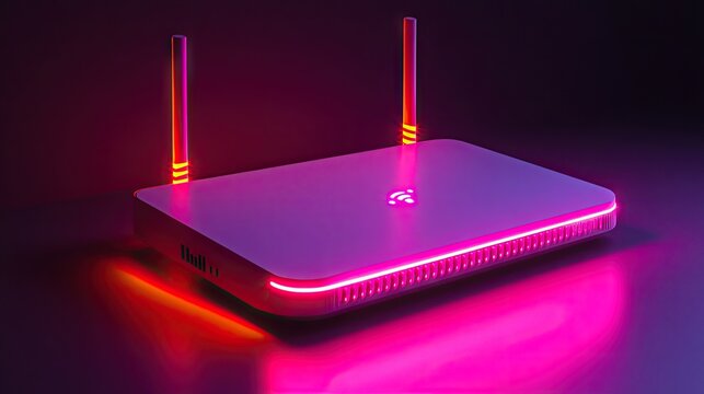 Modern wireless router illuminated with vibrant neon lights.