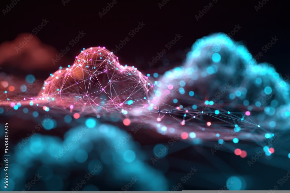 Wall mural digital clouds with interconnected network nodes in shades of pink and blue on a dark background