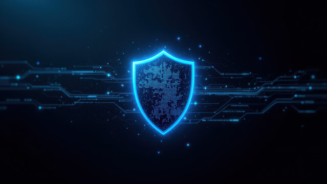 Cybersecurity emblem with blue shield and glowing network.