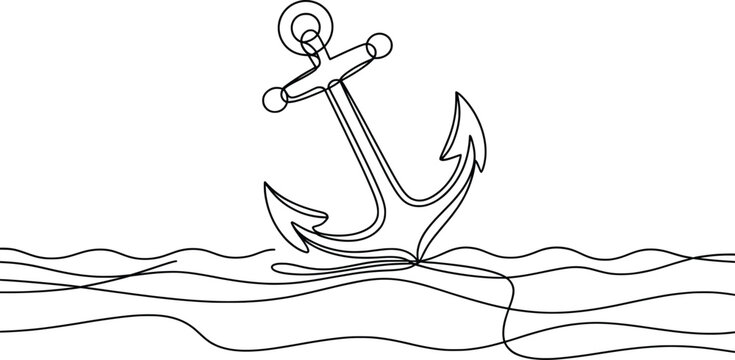 Stylized Anchor in Water Line Art Nautical Vector Illustration