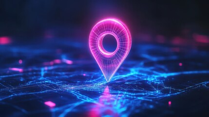 Abstract location pin. Digital gps light icon. Low poly wireframe vector illustration in futuristic hologram style on blue technology background. Travel and tourism locate concept.