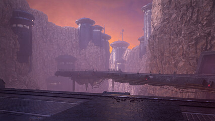 Dark moody futuristic sci-fi environment background. 3D rendered illustration.