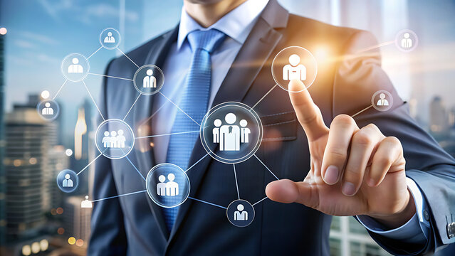 Businessman interacting with a digital network of employee profiles and connections
