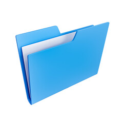 Blue file folder icon with sheet of paper inside isolated on transparent background. 3D render.