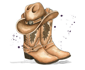 Hand Drawn Watercolor Cowboy Hat and Boots Set Isolated