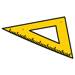 Hand drawn cartoon yellow triangular ruler on white background.