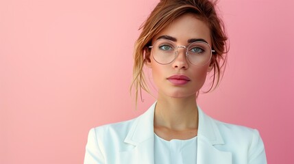 perfectly composed portrait of a businesswoman wearing glasses and a sleek white suit with pink background