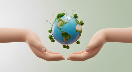 A pair of hands gently cradles a vibrant globe, emphasizing environmental protection. Illustrating sustainable development and care for planet earth.