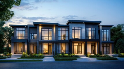 Fototapeta premium a row of townhouses at dusk. residential home in a modern development. modern building.
