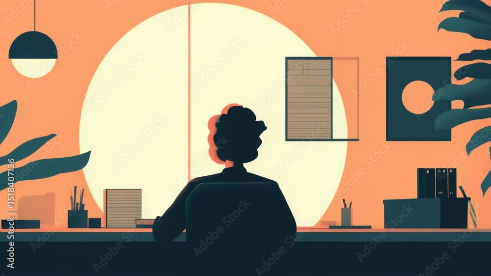 Poster Person working from home with view of outside scene, suitable for use as a background or in a story about someone's work routine