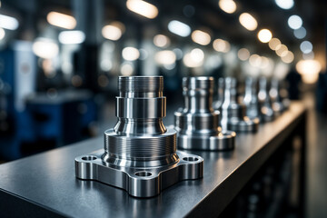 Close-up of precision machined metal parts aligned on a table in an industrial manufacturing setting.