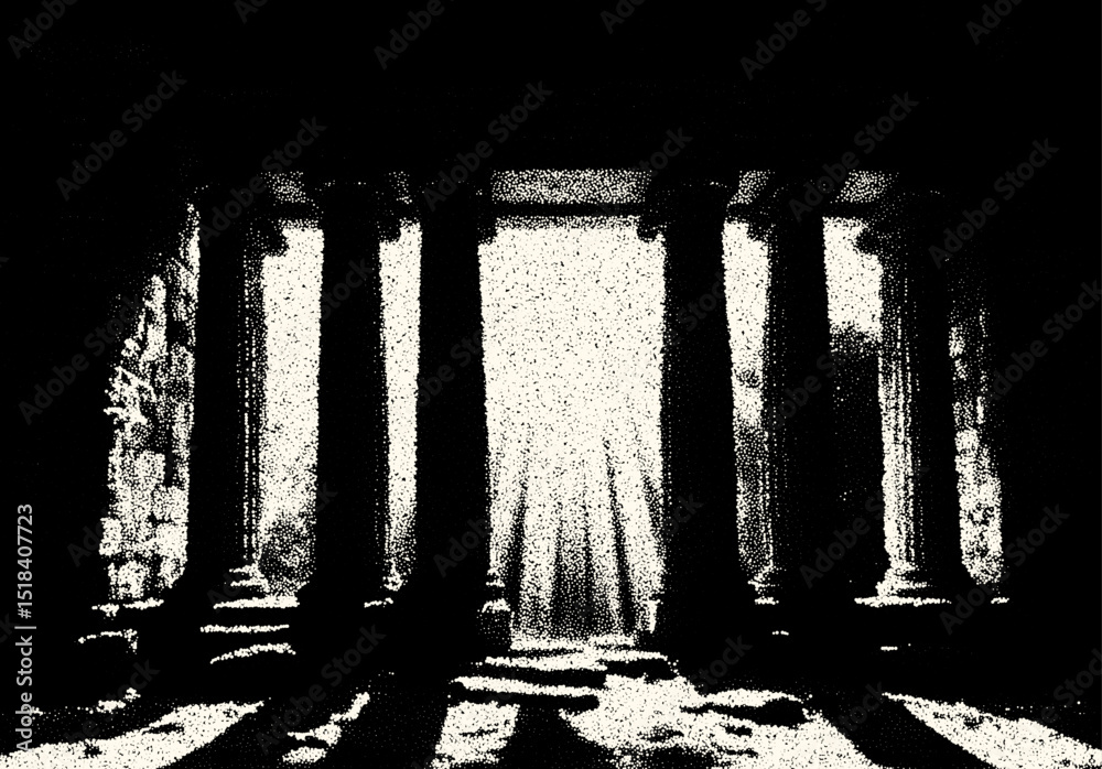 Poster Ancient ruins in sci-fi scene with dotwork retro style. Mysterious gate debris with dramatic lights and retro texture
