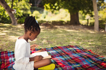 Child is reading book on colorful plaid blanket on shaded grass under trees with dappled sunlight