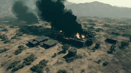 Abandoned village on fire with thick smoke rising in arid desert landscape