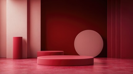 Red podium on red stage background, empty product display. Minimal scene for model products, stage showcase, promotion display.