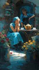  oil painting of two women having tea in a garden