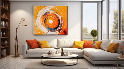 Modern living room with abstract orange spiral painting