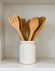 Culinary Utensils: A collection of pristine wooden kitchen utensils rests elegantly in a white ceramic jar, symbolizing culinary readiness and the beauty of everyday objects. 
