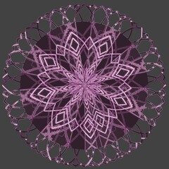 Brightly colored lines and geometric shapes form a floral pattern within a circle.