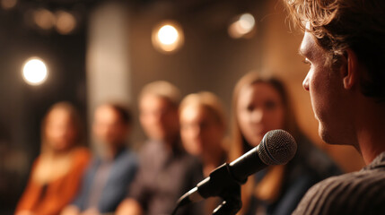 Blurred image of a man speaking into a microphone, audience out of focus in background, suggesting a presentation or Q&A session
