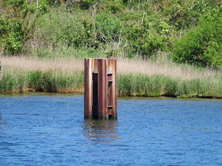 Rusty steel piles in Radelsee. Possibly an old facility. Technical relic in a calm water...