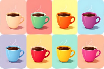 Obraz premium Colorful Coffee Collection: A vibrant selection of mugs, each filled with rich, steaming coffee, offering a delightful array of colors to brighten your day and awaken your senses. 