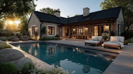 Cozy stone cottage with pool and garden at sunset