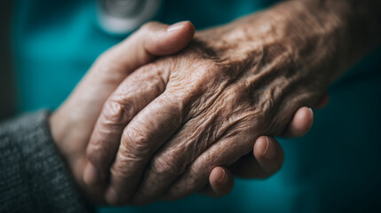 Fototapeta premium Close-up of two hands clasped together, one young, one elderly, showing textured skin, conveying care, support, and the passage of time