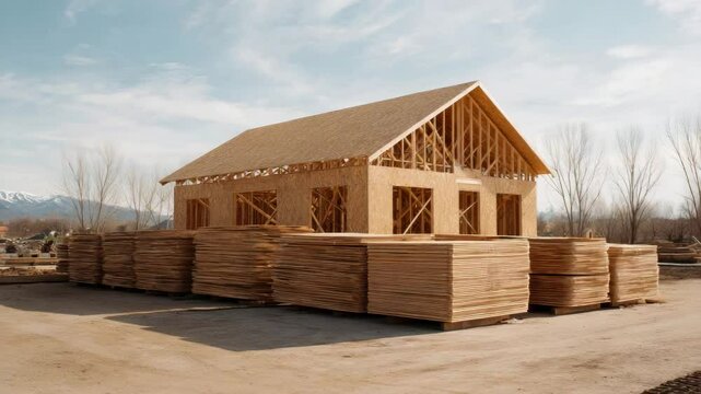 Wooden frame house under construction at building site