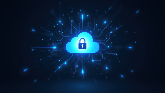 A cyber-security themed image featuring a cloud with an encryption lock at its center surrounded by sparks of blue energy against a dark background.